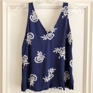 Free Peopke Embroidered Flowy Flower Navy Tank